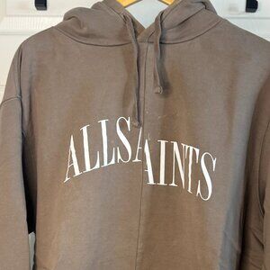 AllSaints Hoodie – Split Logo Print – Taupe Brown – Men’s Oversized XL